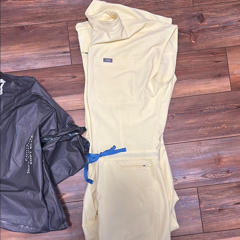 Figs YellowJumpsuit with Blue Accent.  newest yellow on the website
